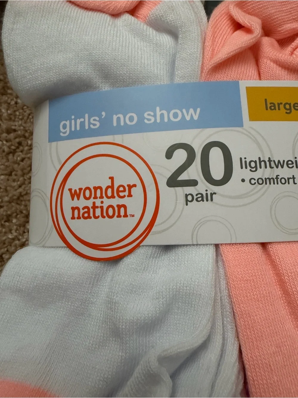 Wonder Nation Girls' Lightweight No Show Socks, 20-Pair Pack Large, Shoe Size 4